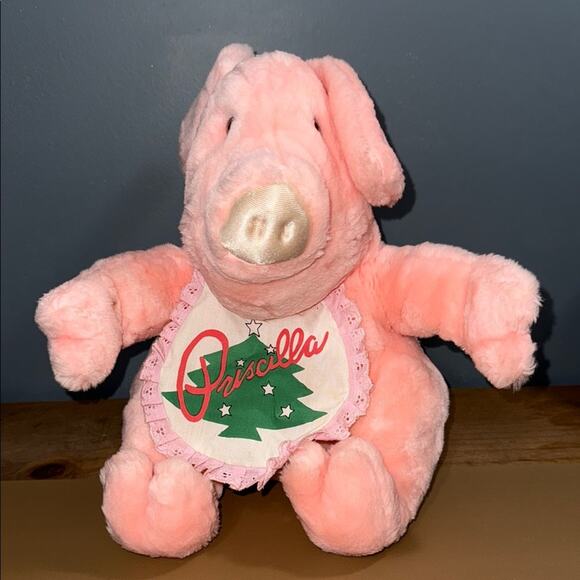 Vintage 1987 Rich's Exclusive Priscilla stuffed pink pig stuffed plush with bib - Picture 1 of 11